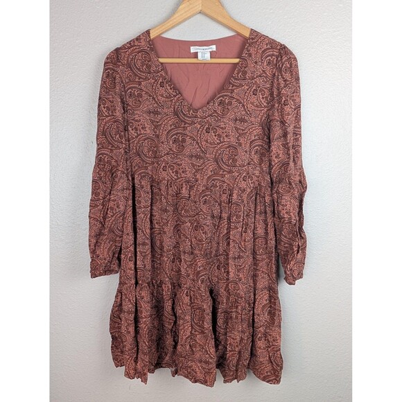 Lucky Brand Dress Womens XS Brown Paisley Boho Print Long Sleeve Tiered Rayon - Picture 1 of 7